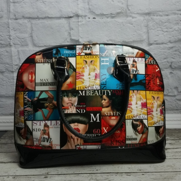 Handbags - Glossy Magazine Cover Collage Dome Satchel Handbag